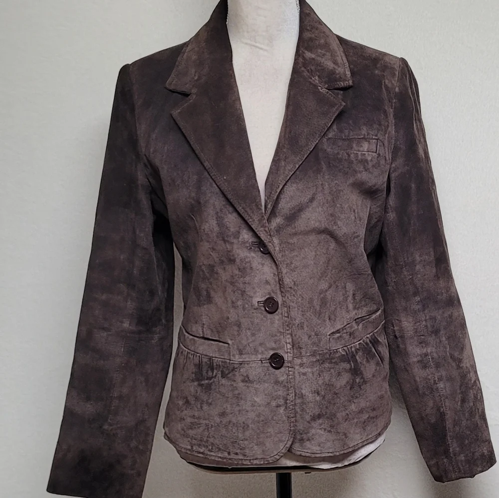 90s Vintage Warm Stone Brown Suede Leather Single Breasted Pleated Blazer Jacket